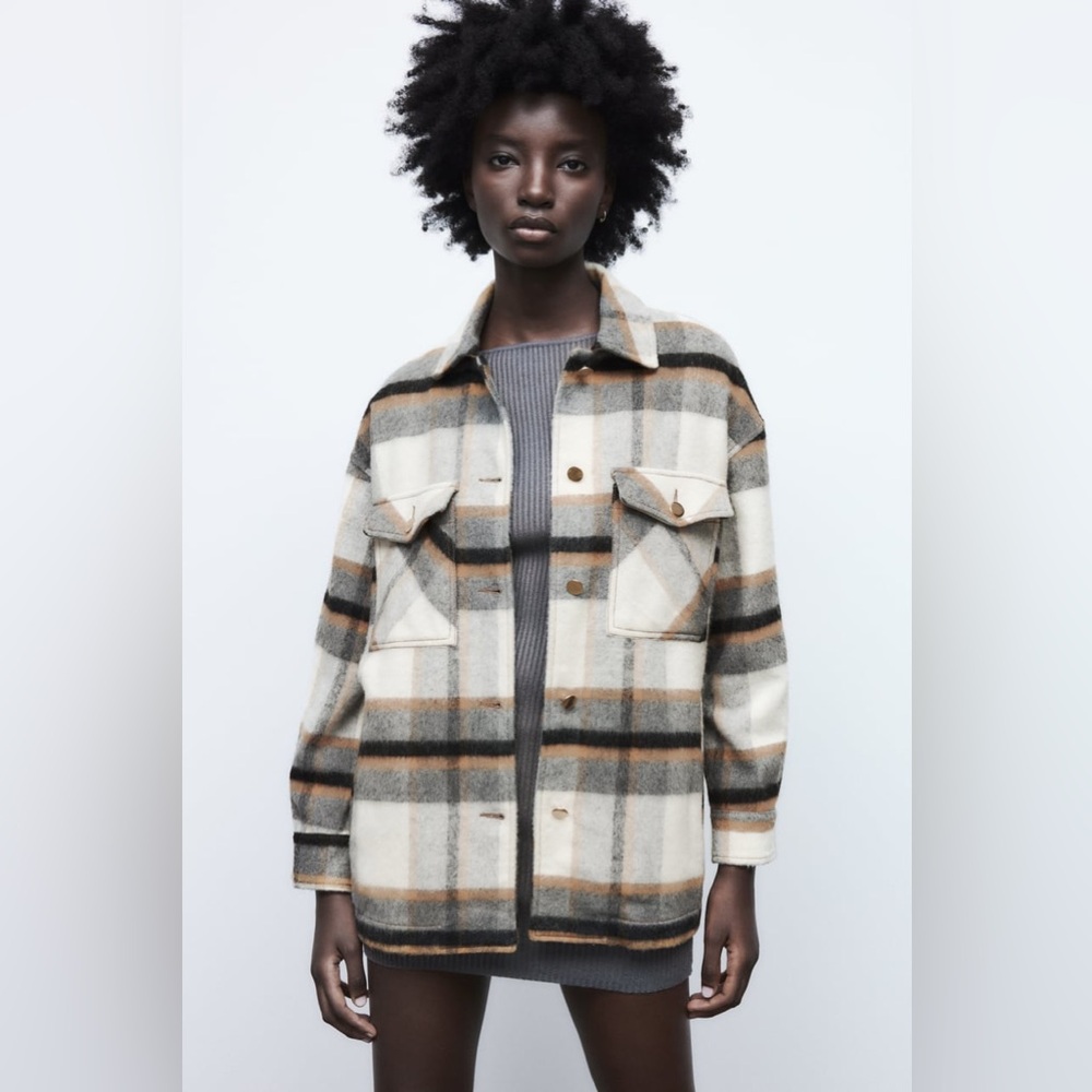 Zara Wool Blend Plaid Shacket Oversized Shirt Jacket Blogger Favorite Medium